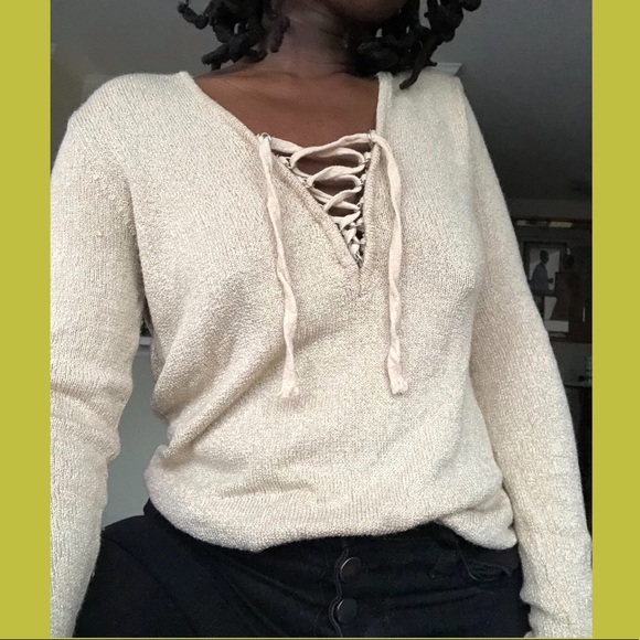 Opt. Off the Shoulder V-Neck Lace Up - Picture 1 of 2